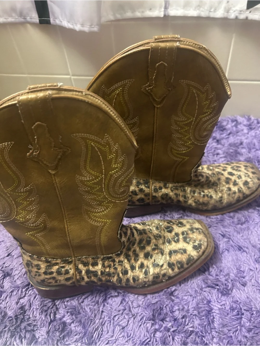 Roper Brown and Leopard w/Gold Glitter Wide Square Toe Little Kids Cowboy Boots